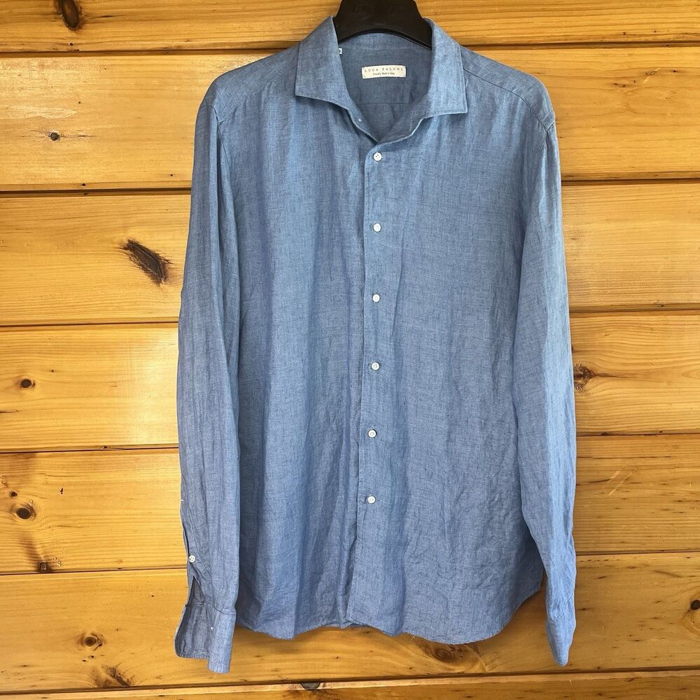 Luca Faloni Chambray Shirt 45 / 18 Blue Italy Linen  Button Long Sleeve ( XXL )